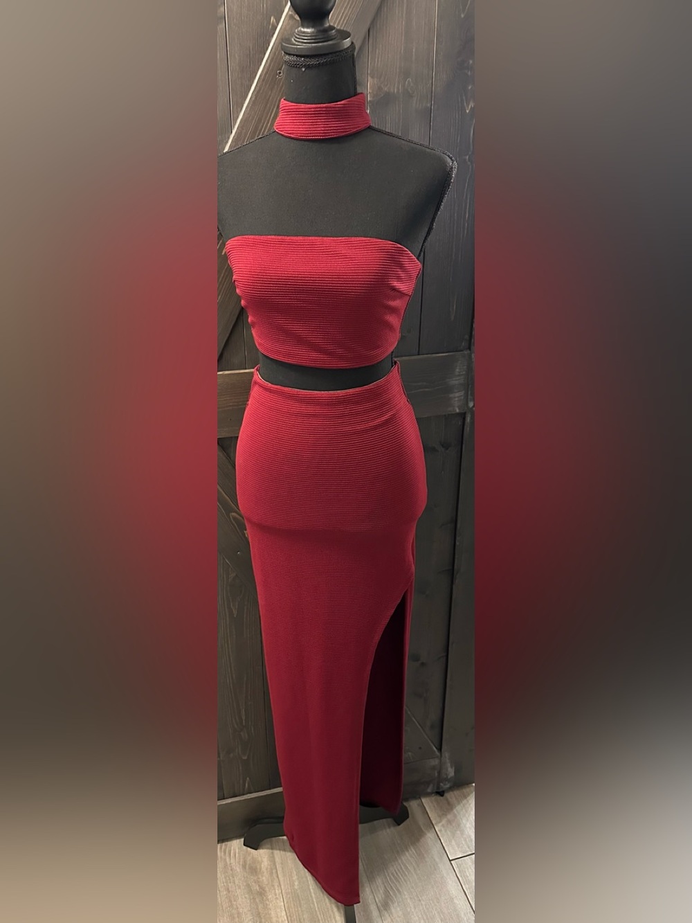 Heart on Fire Crimson Ribbed Choker Collar/Crop Top &  Maxi Skirt w/Side Slit
